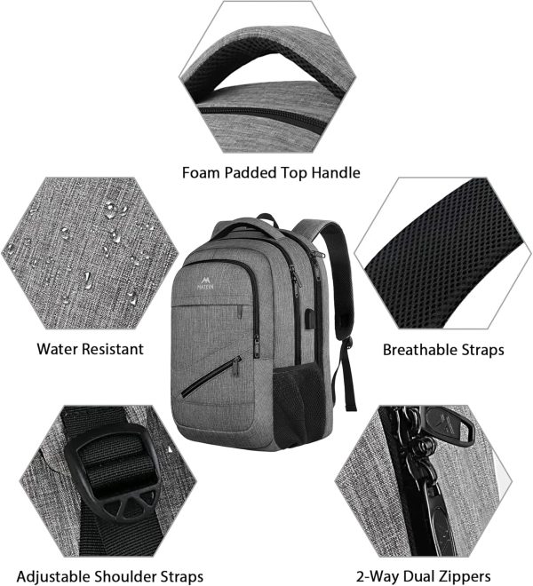 MATEIN Travel Laptop Backpack, 17 Inch Work TSA Approved Carry on Backpack, Large Computer Business Bag for Men Women with USB Port and Trolley Sleeve, College School Rucksack Book Bag, Grey - Image 6