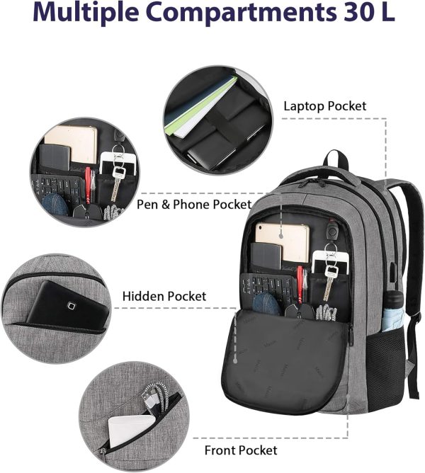 MATEIN Travel Laptop Backpack, 17 Inch Work TSA Approved Carry on Backpack, Large Computer Business Bag for Men Women with USB Port and Trolley Sleeve, College School Rucksack Book Bag, Grey - Image 8